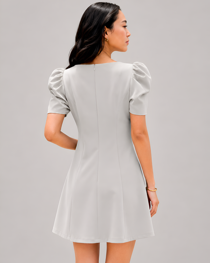 Beige Puff Sleeve Crepe A-Line Mini Dress