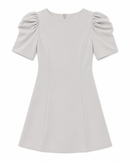 Beige Puff Sleeve Crepe A-Line Mini Dress