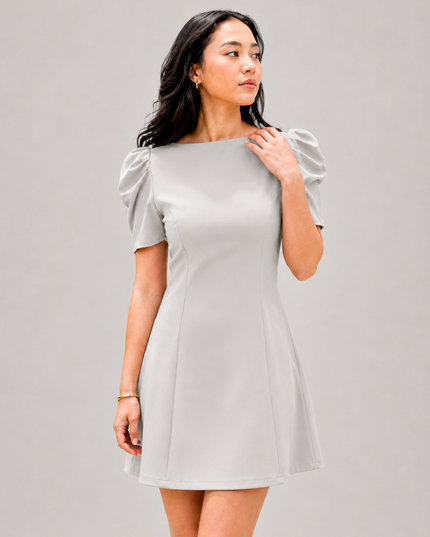 Beige Puff Sleeve Crepe A-Line Mini Dress