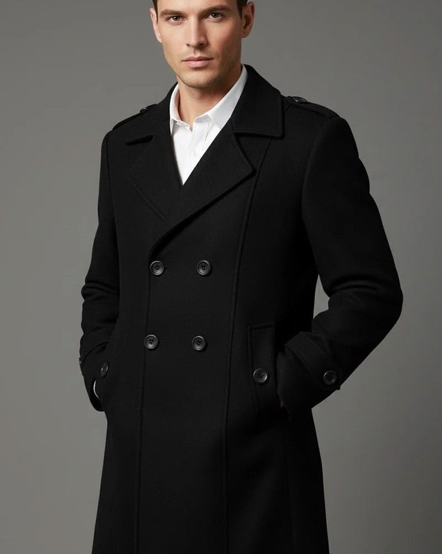 Men’s Black Double-Breasted Overcoat MYMASHA
