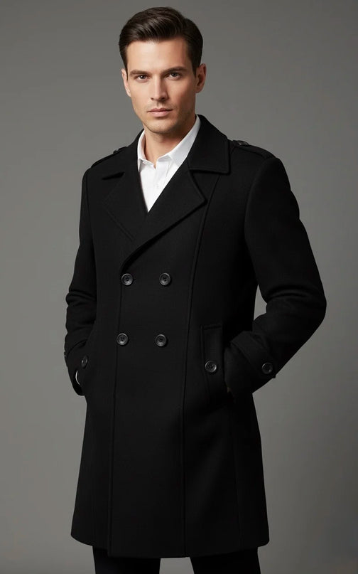 Men’s Black Double-Breasted Overcoat