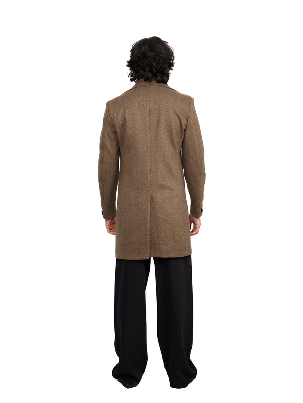 Brown Herringbone Overcoat with Quilted Bib